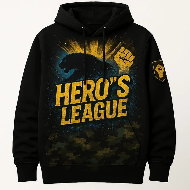 Black Hero's League hoodie with panther, raised fist, and camo pocket